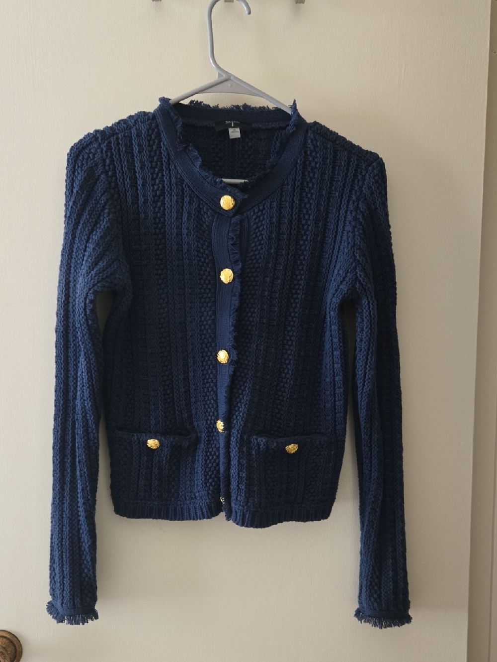 Tahari Navy Tweed Knit Cardigan with Gold Buttons XS
